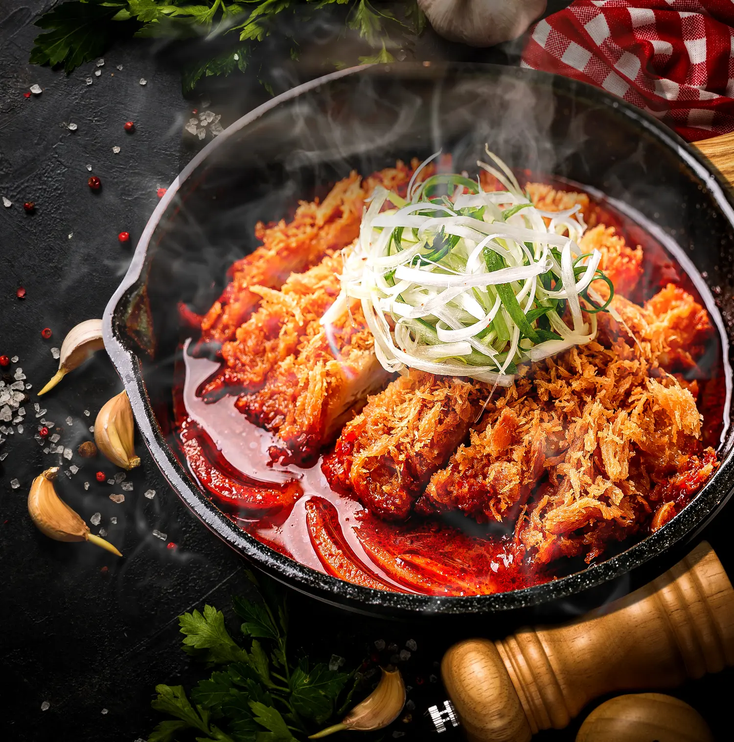 불 위에서 끓고 있는 나베야 돈까스 나베